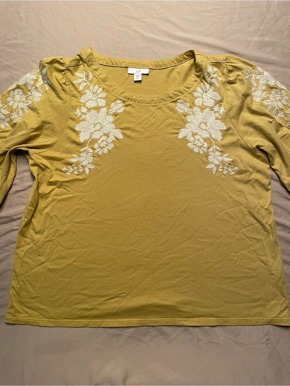 J. Jill Mustard Long Sleeve Top with White Floral Embroidery